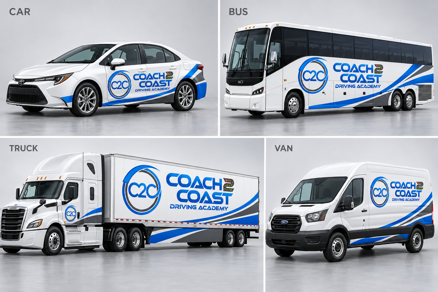 Coach2Coast blue-and-white branding on a car, motorcoach, tractor-trailer and van